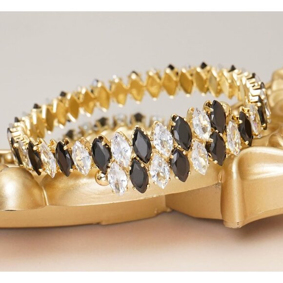 White Black Rhinestone Cuff Bracelet Cubic Zirconia Tennis Bracelets for Women - Picture 2 of 5